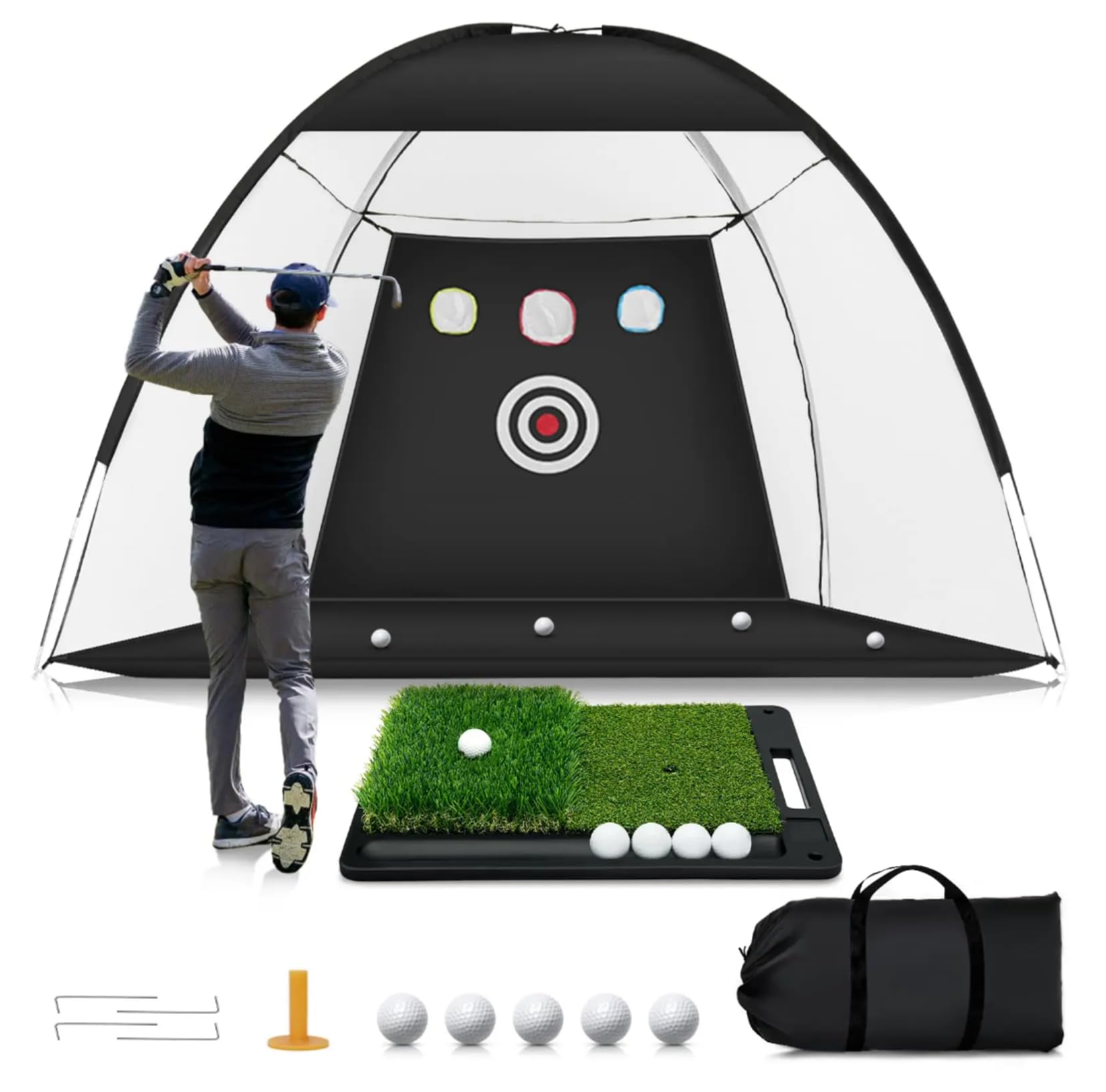 Jaula de golf de práctica 5 en 1 10 x 7 pies con objetivos de astillado, juego completo con alfombrilla, pelotas, camisetas y bolsa de transporte
