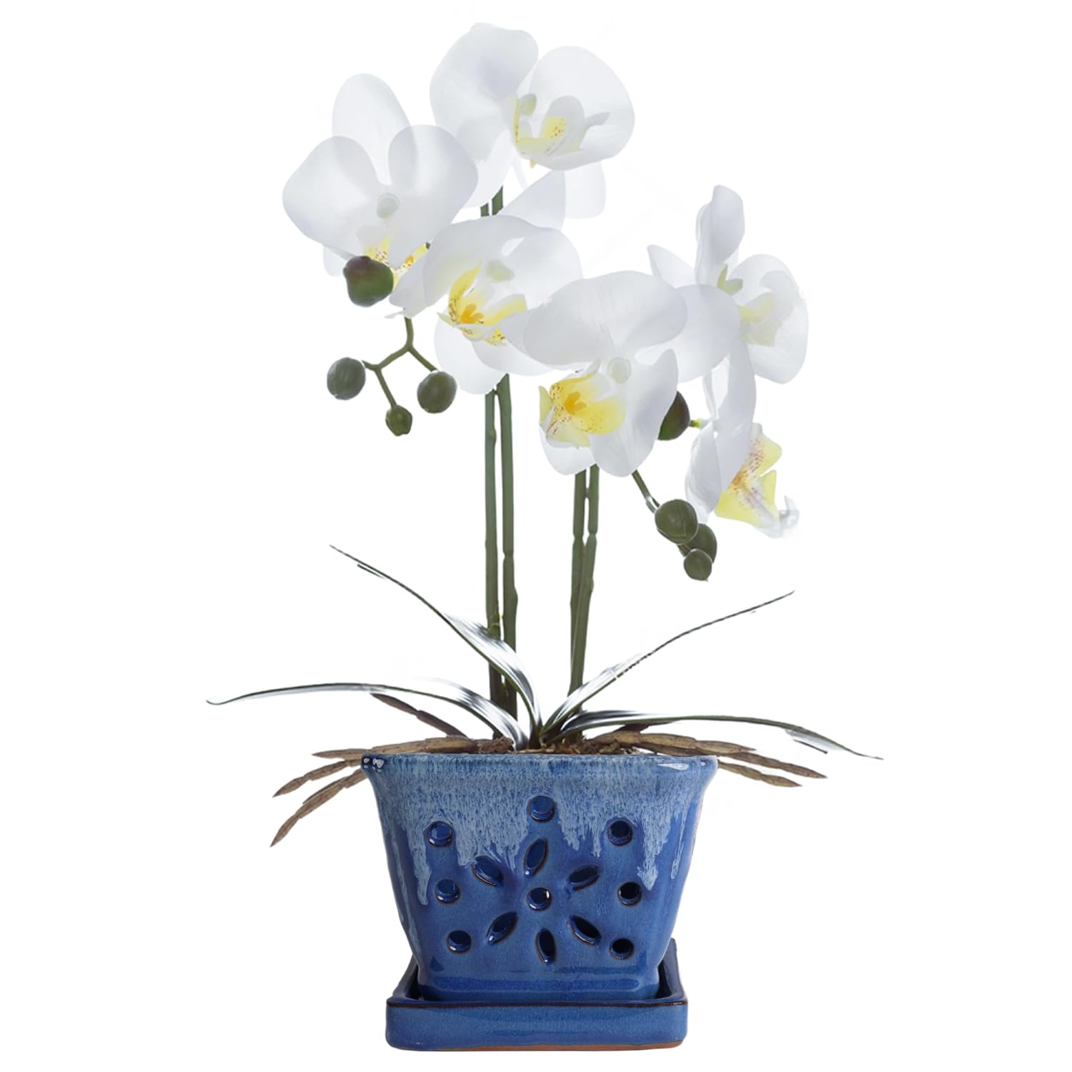 vensovo Vaso per orchidee rettangolare in ceramica, 14 cm, con fori, blu | Fioriera in ceramica per rinvasare orchidee con fori di ventilazione e drenaggio per interni ed esterni