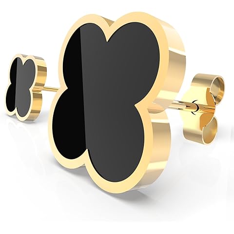 Hypoallergenic Gold Earrings, Four Leaf Clover Earrings, Black Gold Stud Earrings f...
