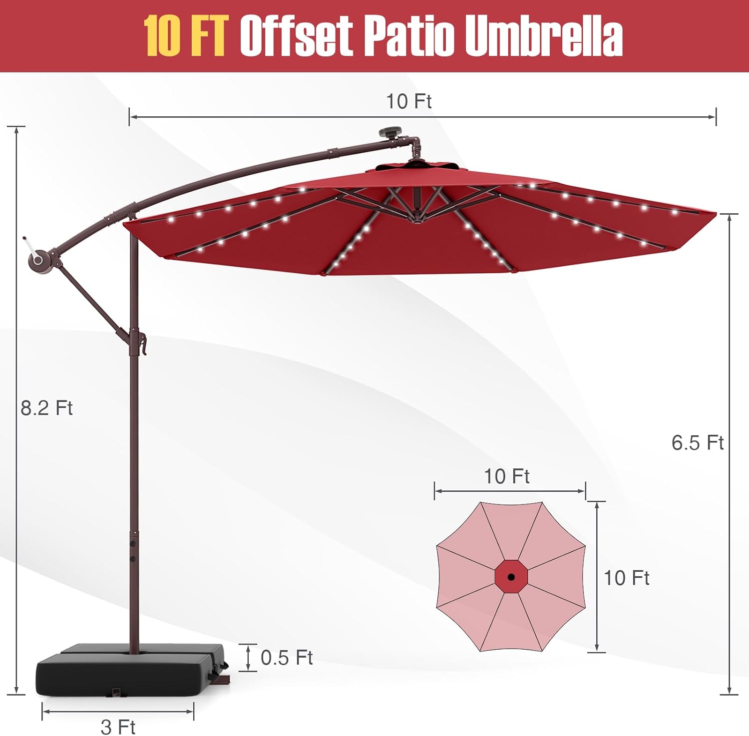 HAPPYGRILL 10FT Solar LED Cantilever Patio Umbrella, Hanging Offset Umbrella with Sand Bags, Easy Tilt Adjustment and 8 Ribs, Outdoor Market Umbrella for Backyard, Deck and Poolside