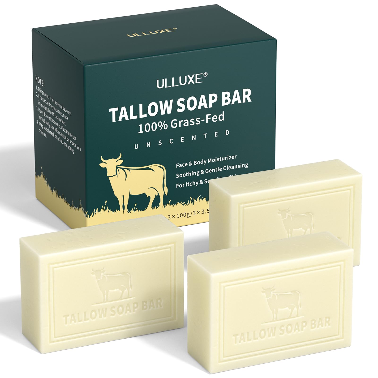 Beef Tallow Soap, Rindertalg Seife, Natürlich Grasgefütterter Talgseife Duftlos, Feuchtigkeit, Beruhigende, Reinigung von Gesicht & Körper, Handgemachte Seife für Männer & Frauen, 3 * 100g