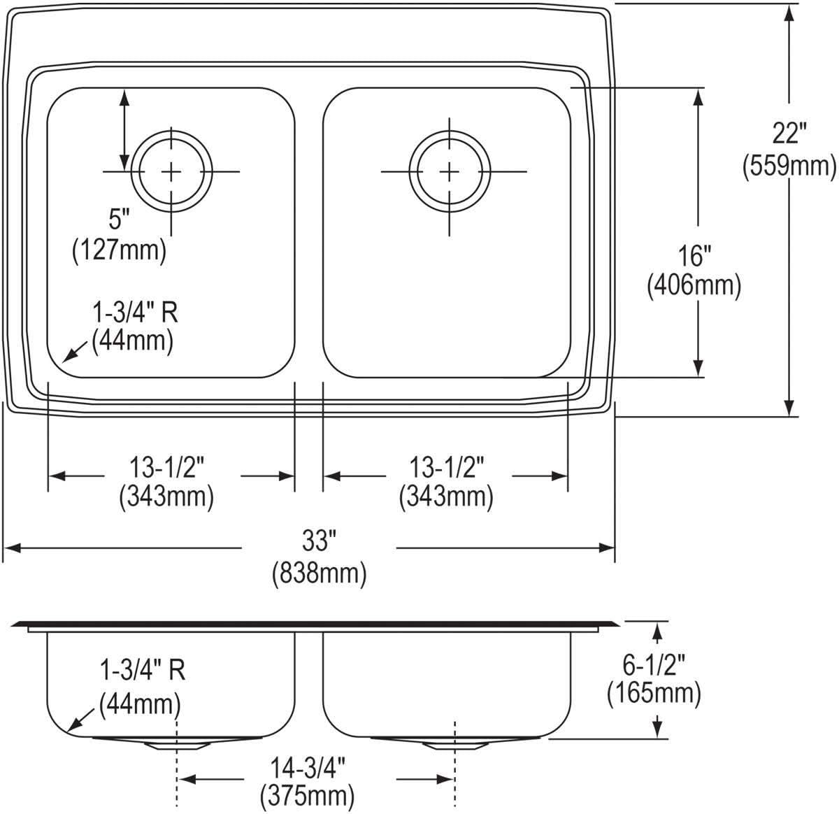 Elkay Lustertone Classic LRAD3322654 Equal Double Bowl Drop-In Stainless Steel ADA Sink
