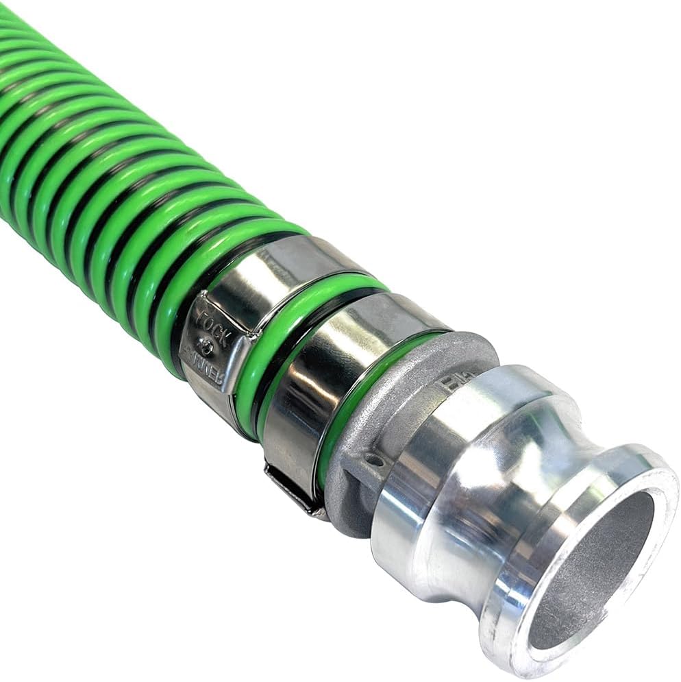 Gloxco Heavy Duty EPDM All Weather Suction Hose Assembly, Black Tube, Lime Green Helix, 1-1/2" Inside Diameter Hose with Male x Female Cam and Groove Fittings Installed, 20 ft Length