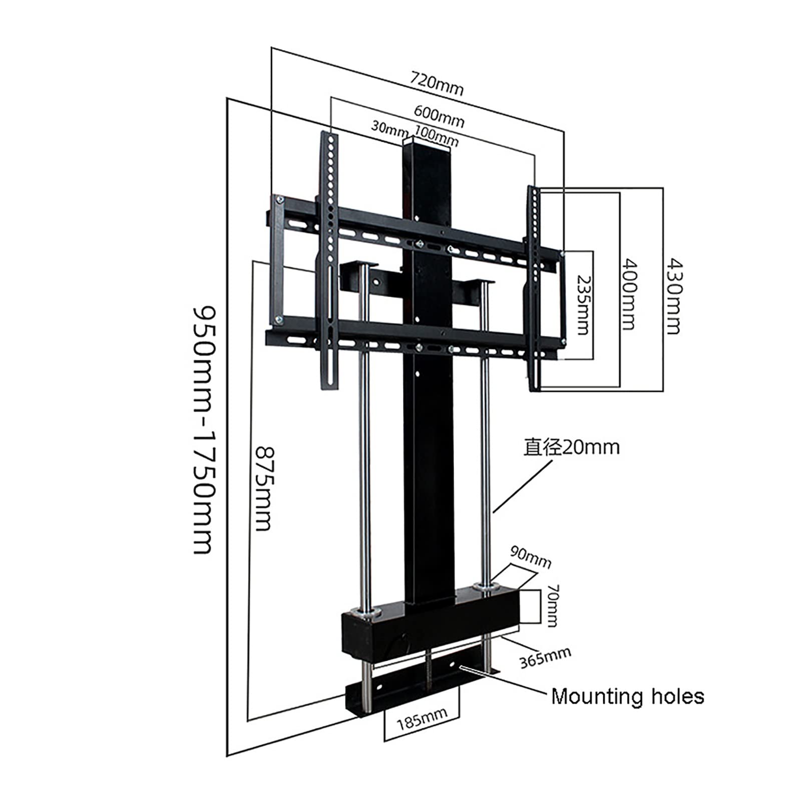 Elevador de TV motorizado, Mecanismo de elevación de TV, Longitud de Carrera 80 cm/31,4 Pulgadas, Soporte de TV eléctrico Ajustable en Altura para televisores de 37 a 75 Pulgadas de hasta 600 x 400