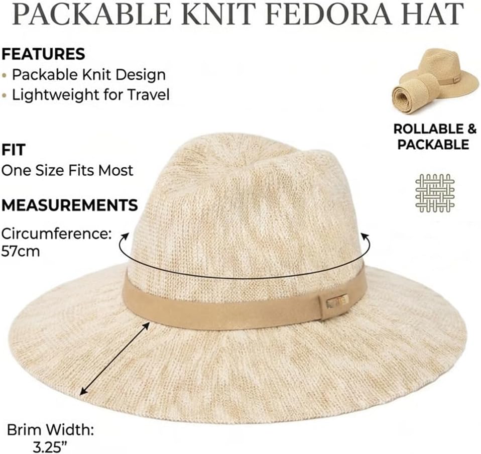 Packable Knit Fedora Hat for Women Foldable Sun Hat, Lightweight Breathable Beach Hat Wide Brim Travel Fedora Hat