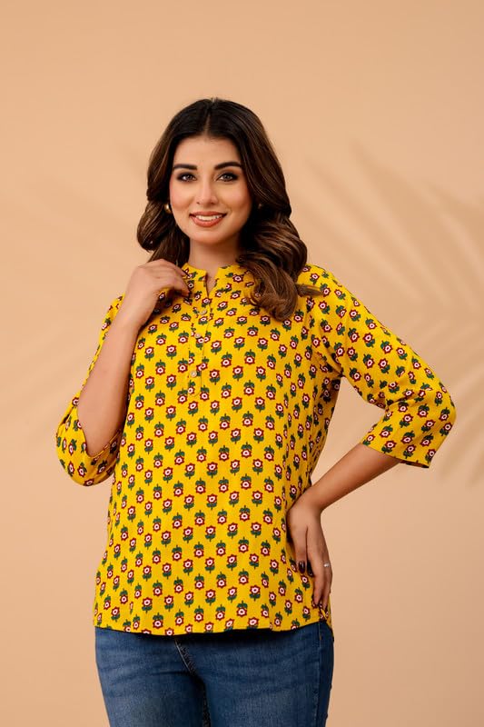 Image of Women's Cotton Printed Kurta Top | 3 /4 Sleeve Straight Kurti Casual Outings