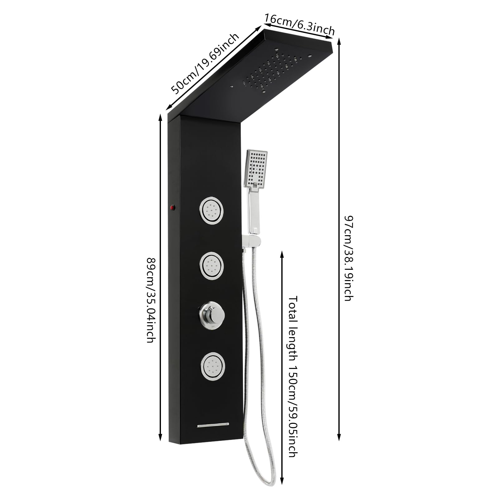 Panel de ducha con grifo, columna de ducha con iluminación LED, 3 chorros de masaje, sistema de ducha multifuncional de acero inoxidable, ducha de mano y ducha cascada (negro)