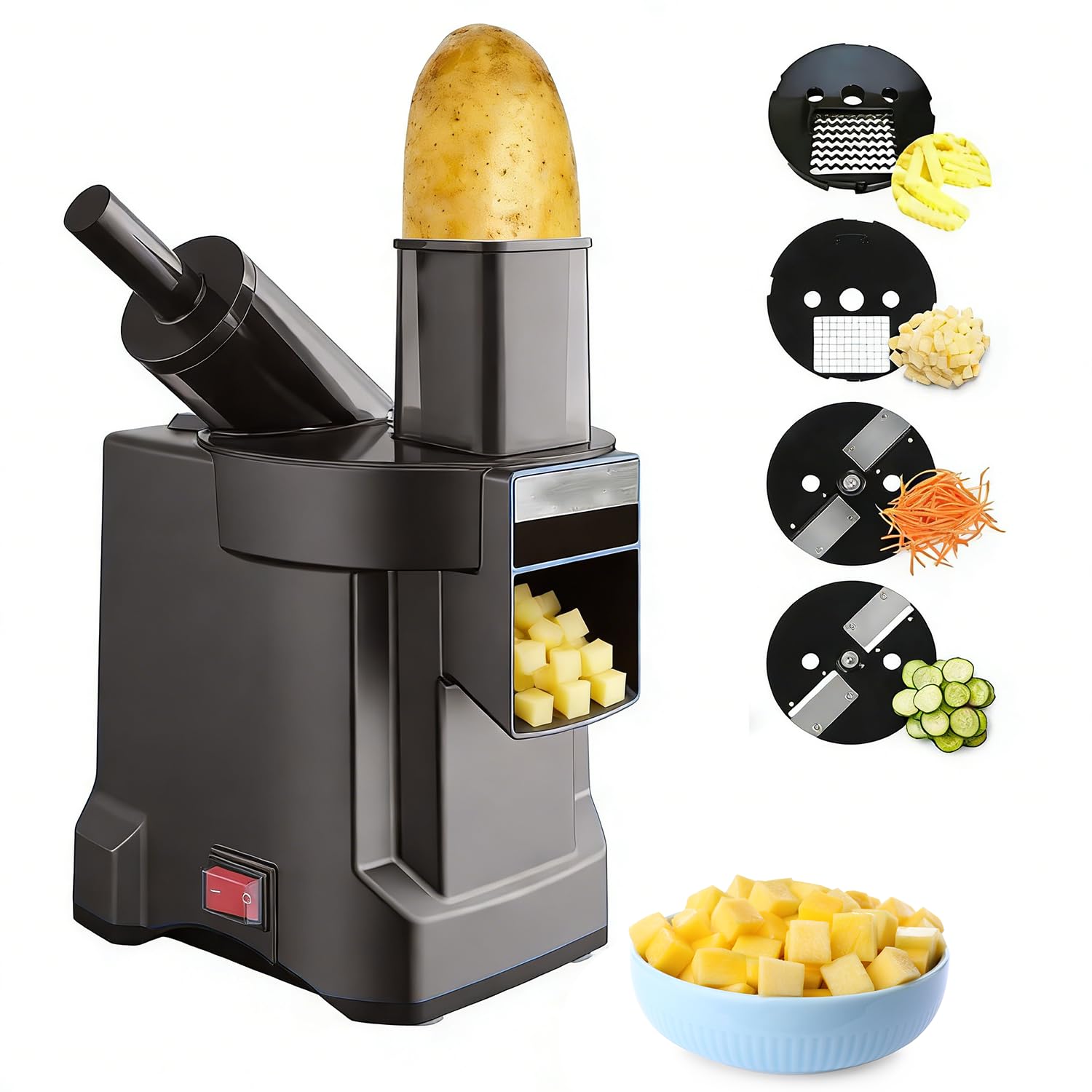 Tagliaverdure elettrico multifunzione 4-in-1 con affettatrice,cubettatrice,grattugia e taglia patate ondulato,lame in acciaio inox,Affettatrice elettrica per verdure per meal prep e catering