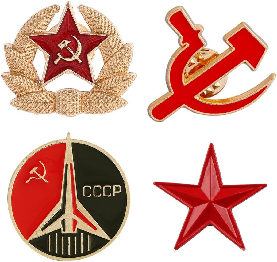 Ximimark 4 PCS Red Star Hammer Sickle Enamel Pin Retro USSR Symbol Brooch Soviet Union Marxism Logo Jewelry, Metal, no gemstone