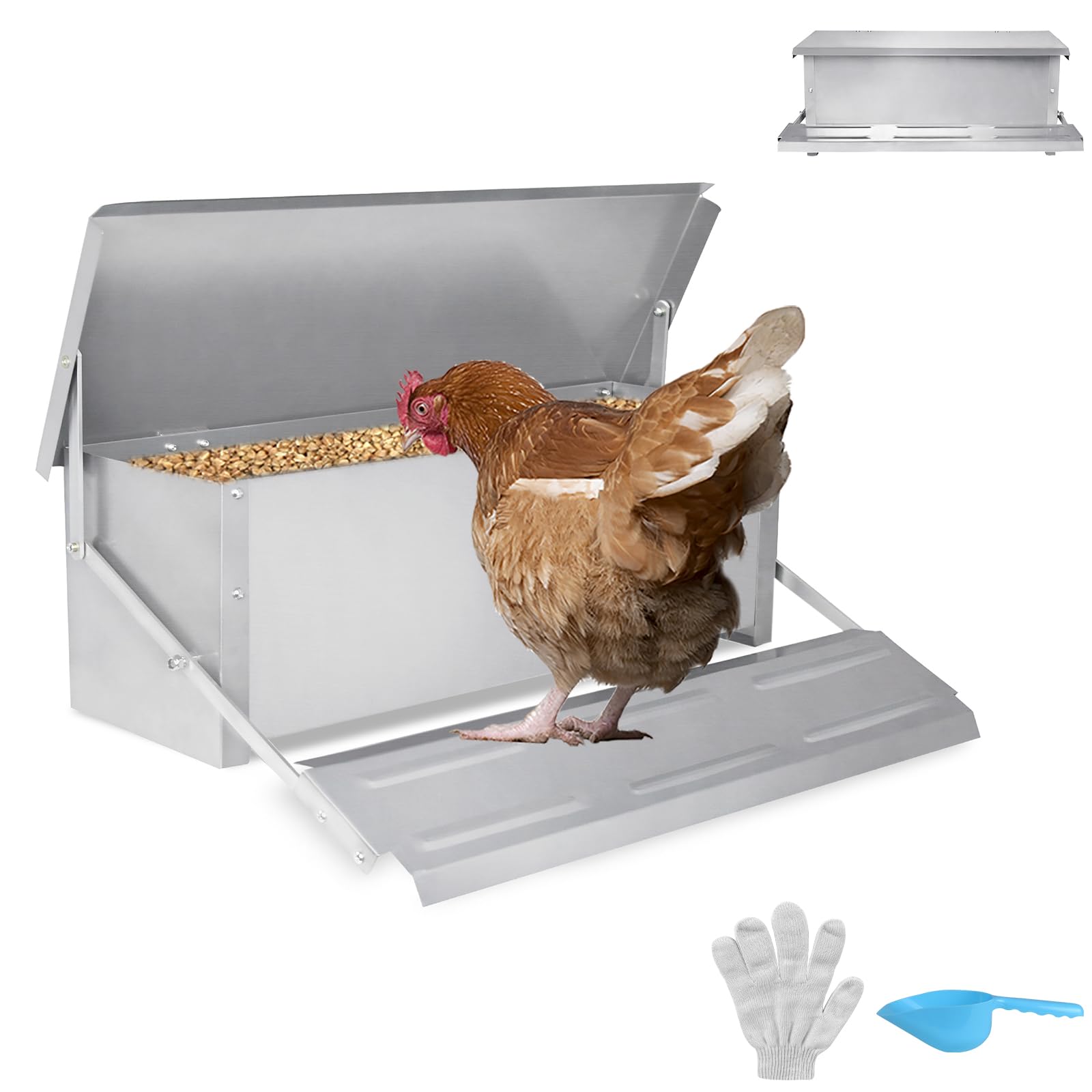 Aufun Comedero automático 10 kg de acero galvanizado | Comedero para gallinas, con patas automáticas y tapa resistente al agua, comedero para aves de corral, pollos, patos, gansos