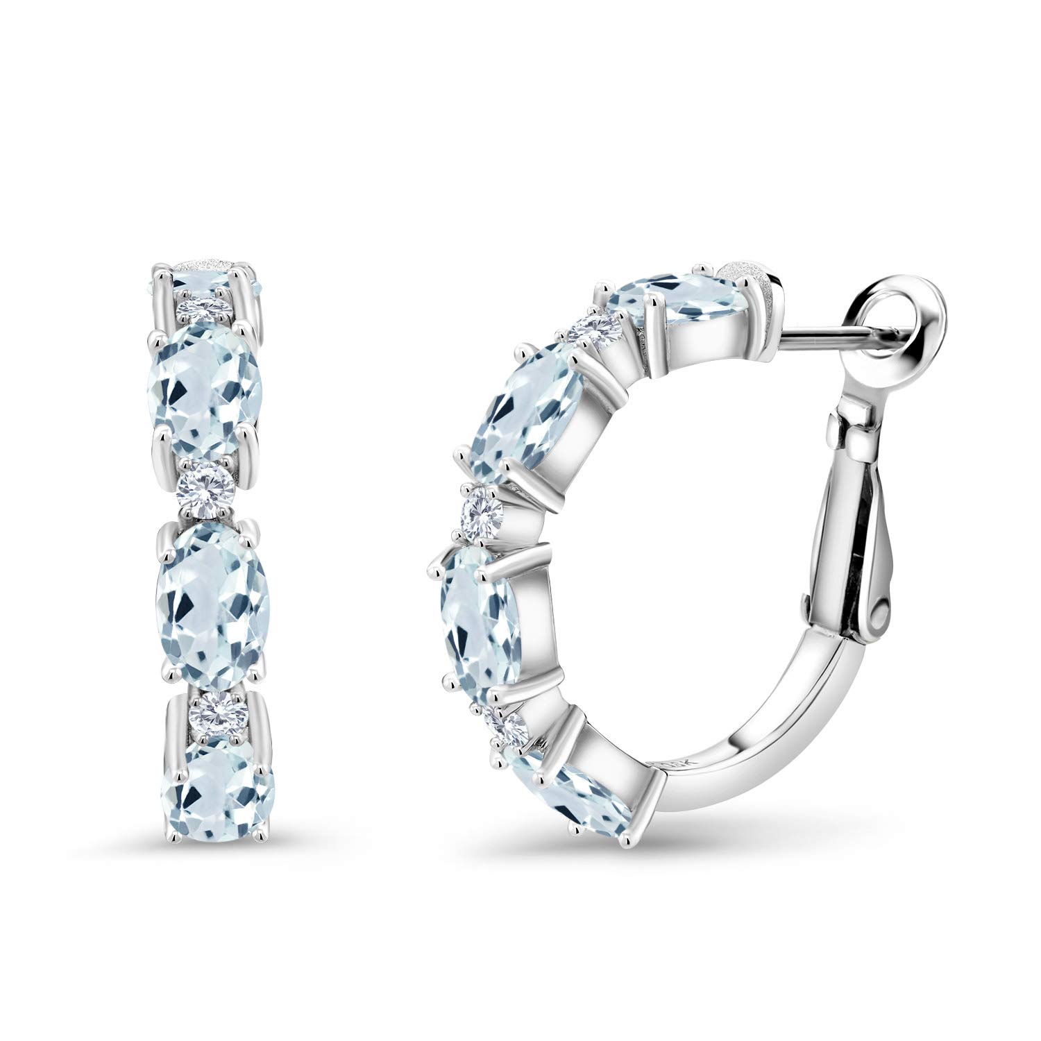 Gem Stone King 925 Sterling Silver Sky Blue Aquamarine and White G-H Lab Grown Diamond Hoop Earrings For Women (4.23 Cttw, Oval 6X4MM and Round 2MM)
