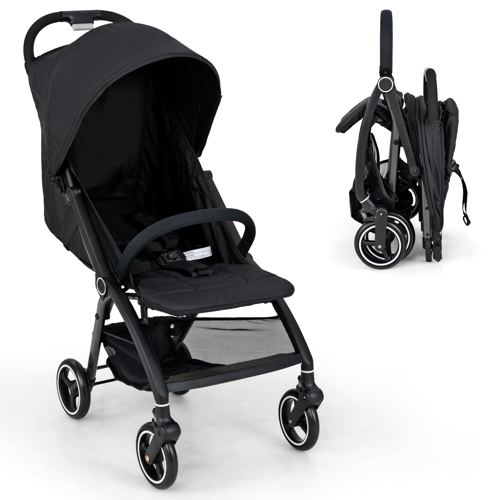 GOPLUS Poussette Canne Compacte pour 6+ Mois, Poussette Bebe Légère 6,2KG avec Capote Ajustable, Panier de Rangment, Harnais 5 Points, Penus EVA Tout Terrain, Pliage à Une Main (Noir)