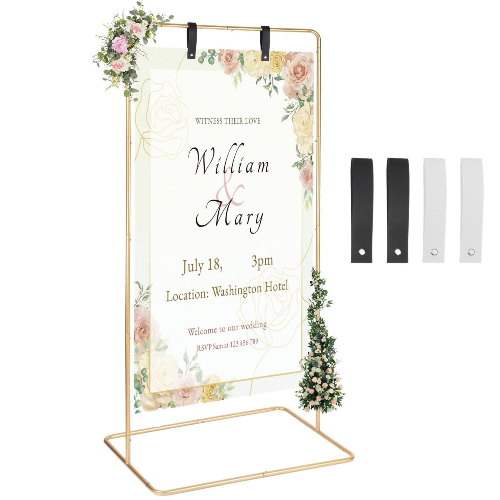 Soporte dorado para letreros de boda, soporte de metal ajustable con correas de cuero para carteles de recepción