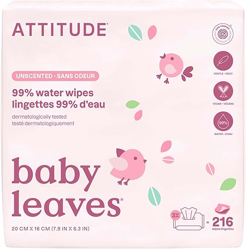 ATTITUDE Toallitas de agua para bebés, verificadas por EWG, seguras para recién nacidos, sin perfume y sin fragancia, 99% de agua, suaves, veganas y