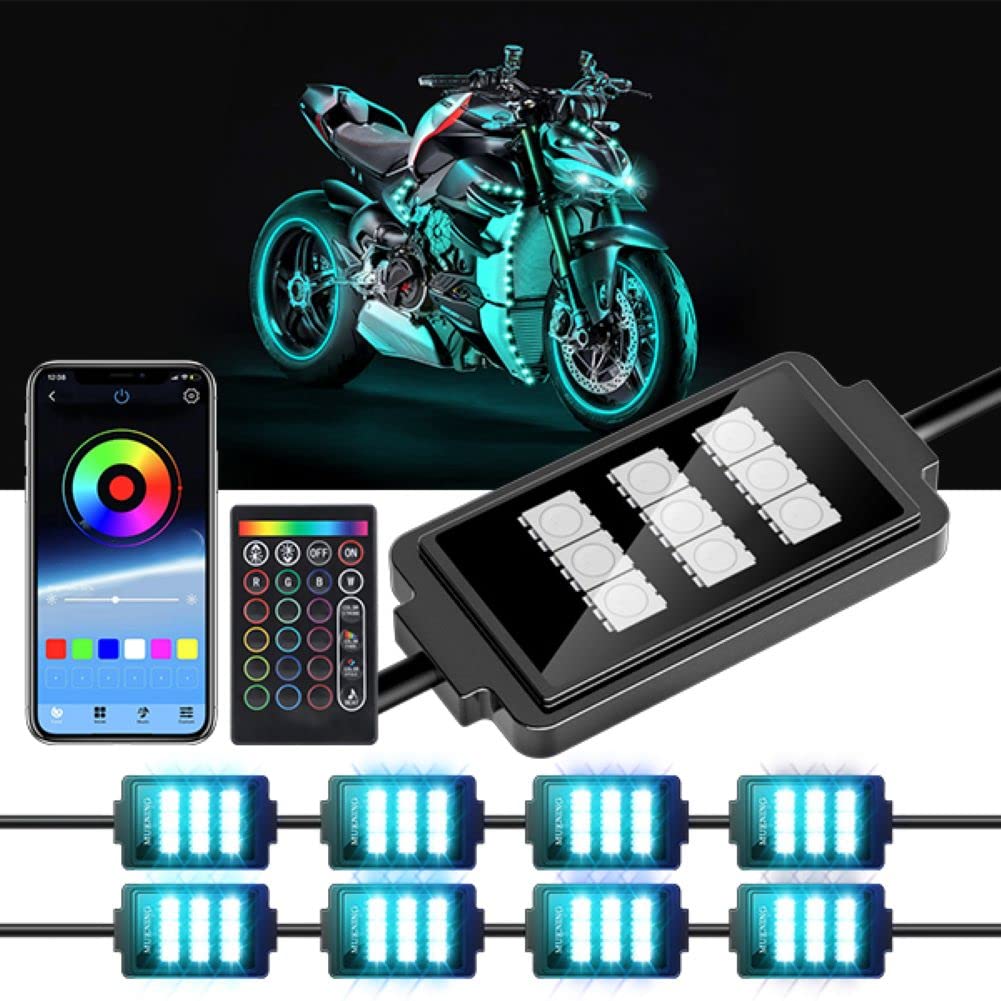 8 pcs Motorcycle underglow led Light kit Motorcycle RGB LED Strip Lights, Multi-Color Neon w/Smart Remote Controller| Compatible with Carts Trikes Cruiser Scooter ATVs UTVs