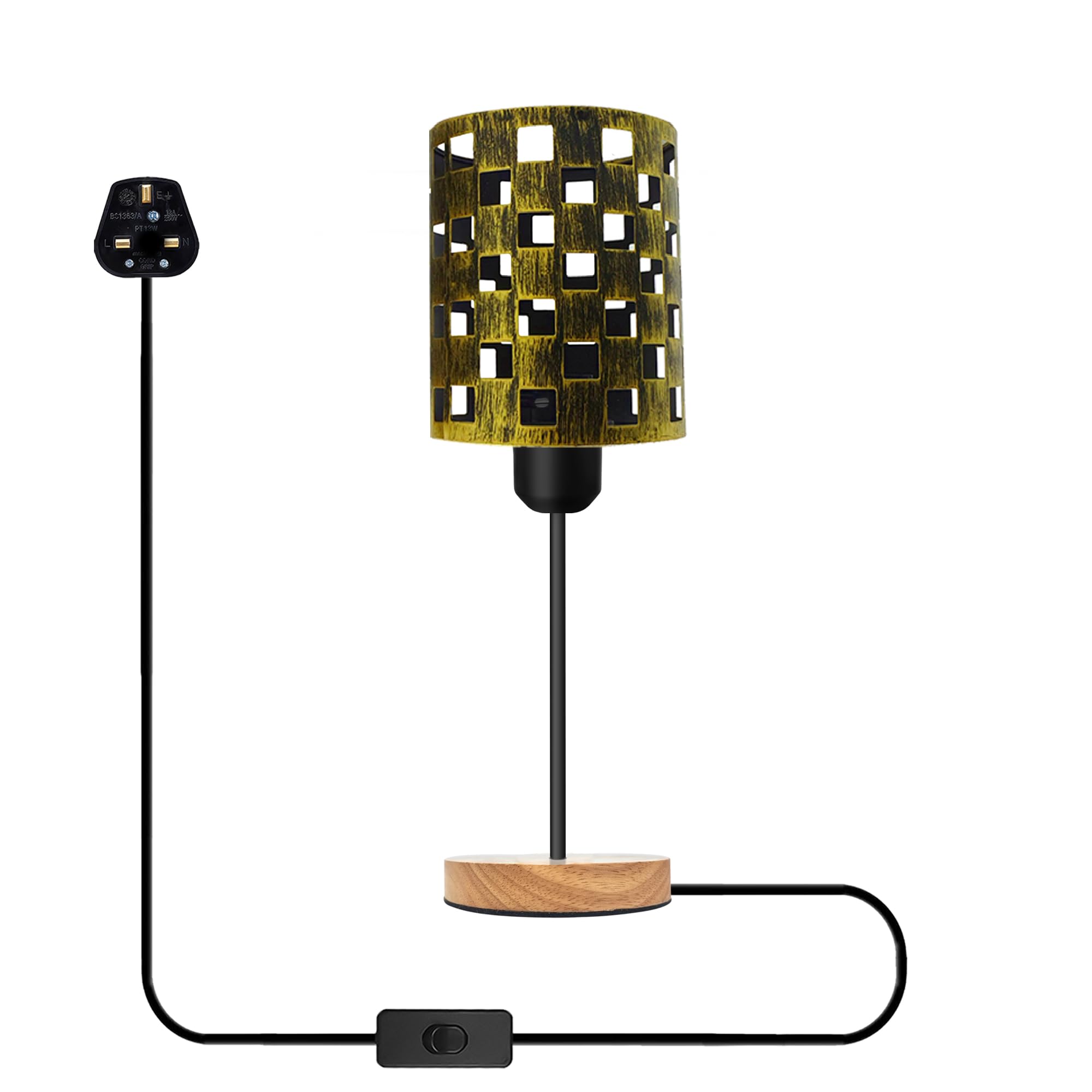 Wooden Stand Bedside Table Lamp Modern Round Nightstand Lamp with Solid Wood Desk Metal Barrel Cage With 3 Pin Plugin On/Off Switch Control Lamp for Bedroom without bulb (Style 1 - Brushed Brass)