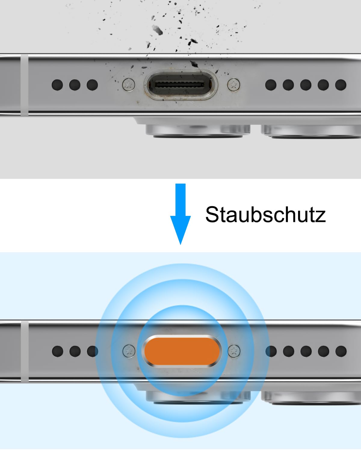 Osłona przeciwpyłowa USB C do iPhone 17/17 Pro, 4 aluminiowe + 4 silikonowe nasadki ochronne, zestaw z pudełkiem do przechowywania i szczoteczką do czyszczenia (Cosmic Orange)