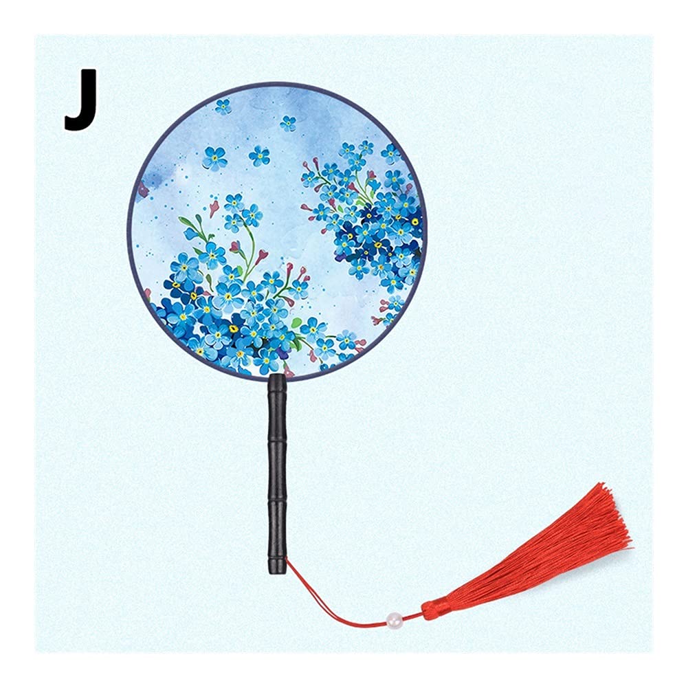 NZPOST Folding fan Chinese Japanese Style Hand Fan with Wooden Handle Portable Handheld Vintage Round Tassel Dance Fan Wedding Favors fan (J)