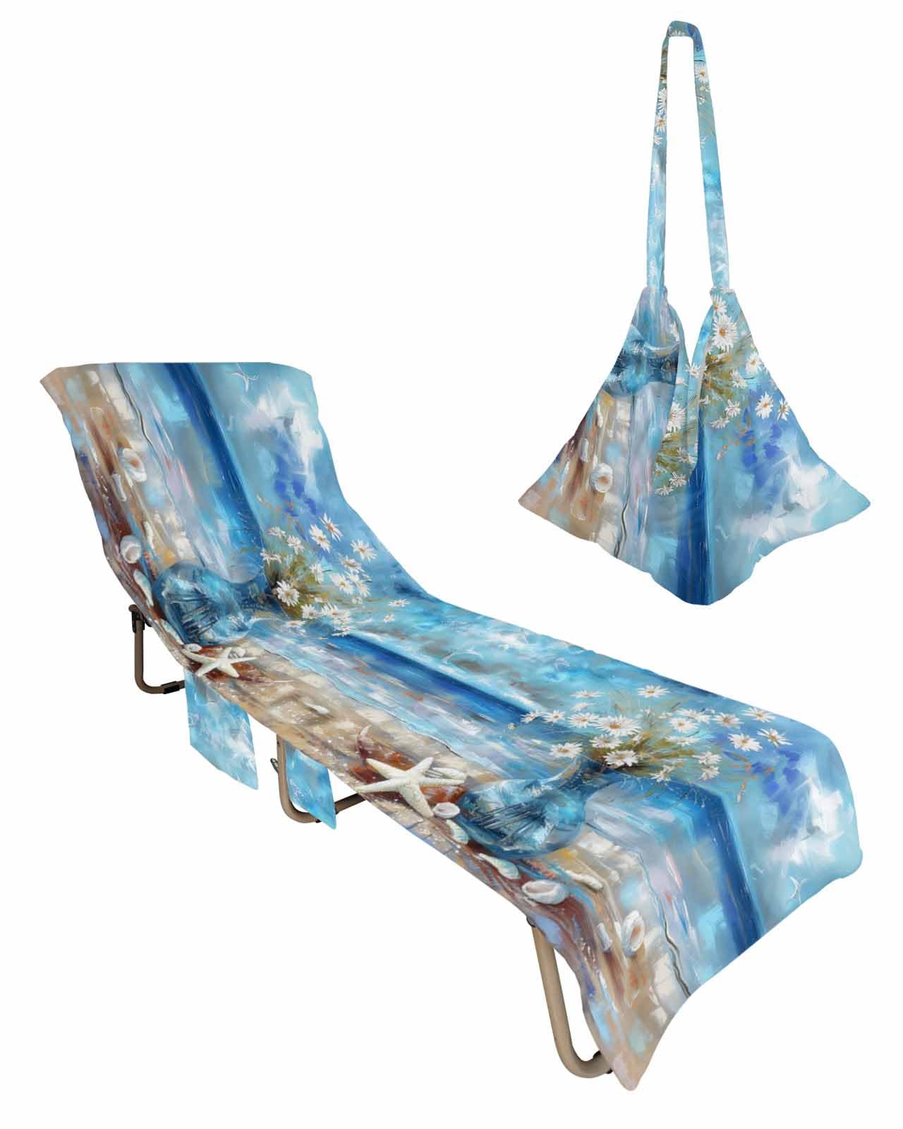 Floral Blue Beach Chair Towel Covers for Chaise Lounge with Side Pocket, Soft Plush Pool Towels Cover for Patio Sunbathing Outdoor 29''x85'' Abstract Coastal Daisy Painting Ocean Starfish