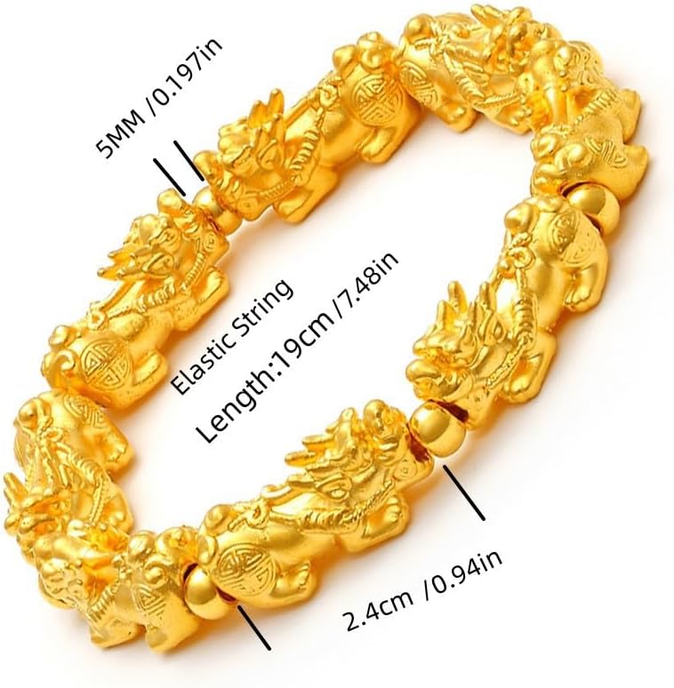 Feng Shui Pixiu Bracelet – Gold Plated Copper Pi Yao Wealth Bracelet for Men, Feng Shui Protection & Good Luck Charm, Adjustable Elastic String - Image 2