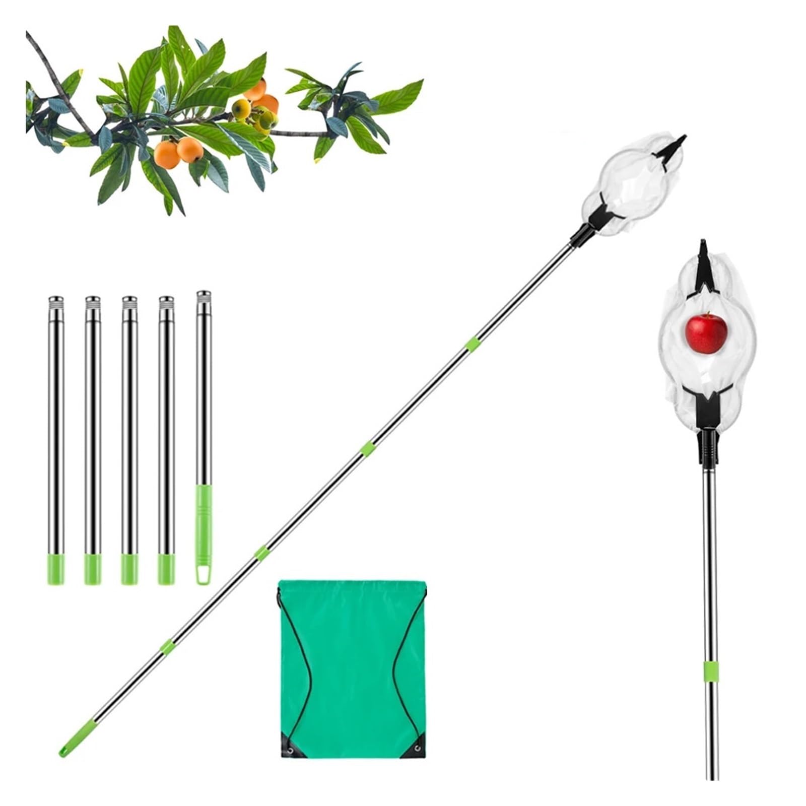 Cueille Fruit Telescopique Cueilleur de Fruits en Acier Inoxydable 1,6/2 m avec Sac Rangement(1 Set 1.6M)