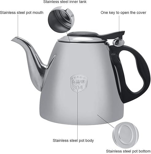 Miniatura 5 de Hervidor de té de acero inoxidable, tetera de estufa de 1.2L1.5L con mango resistente al calor, para verter sobre cafétetera, calentador ergonómico
