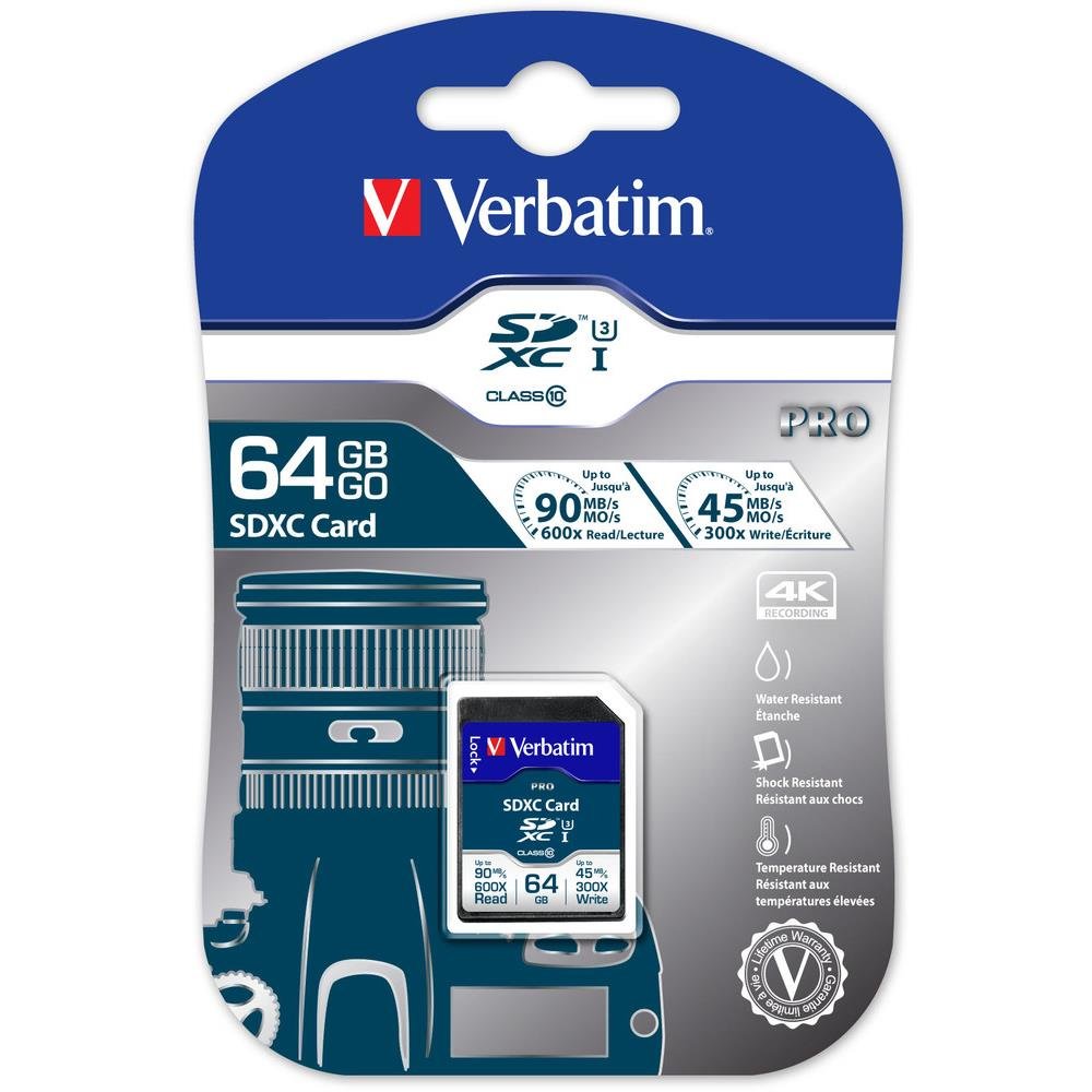 Verbatim 47022 SDXC PRO Class 10 UHS-​I U3 Flash Card SD, 64GB, Nero
