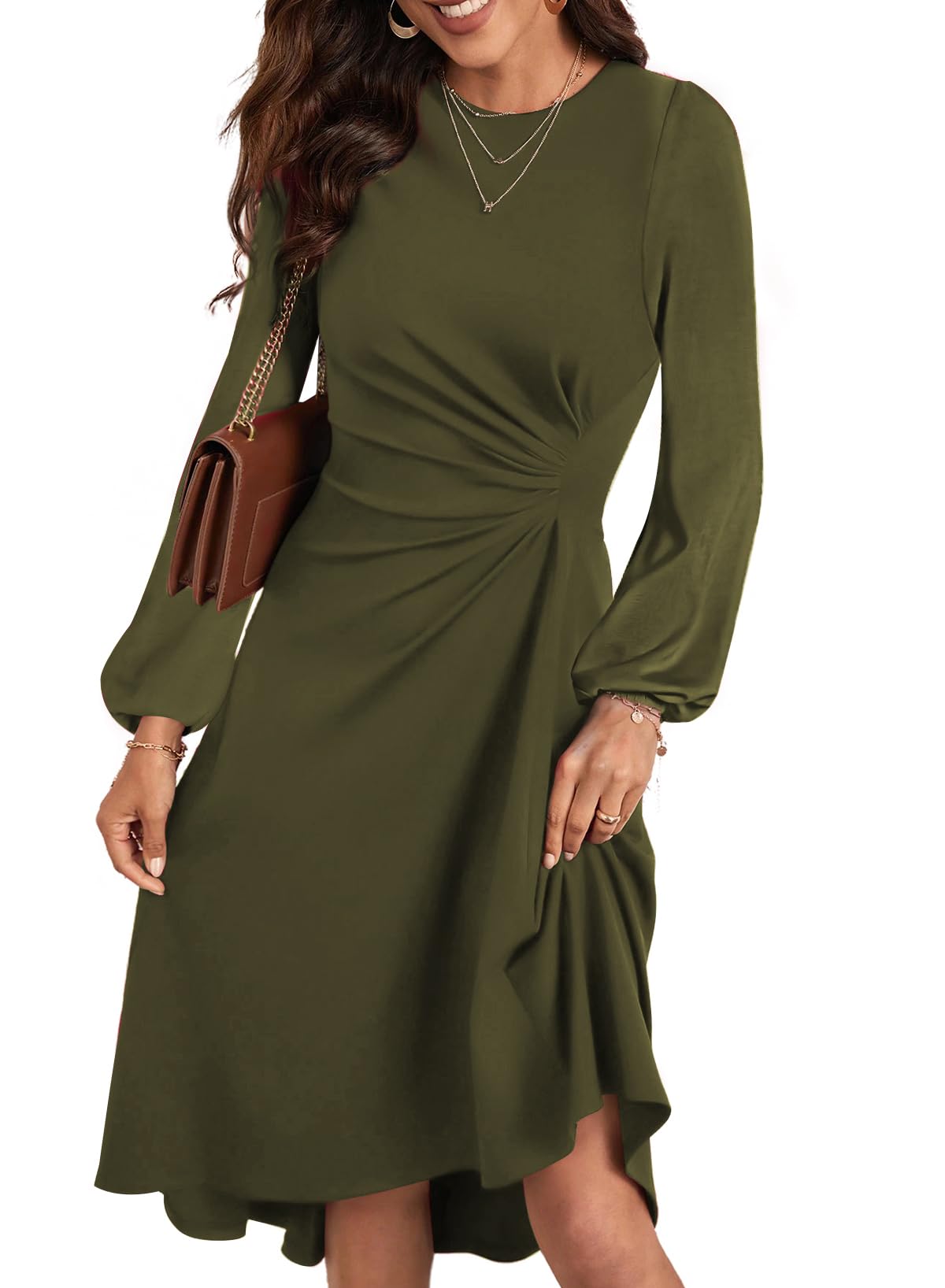 Happy Sailed Women's Long Sleeve Ruched Waist Flowy A Line High Low Midi Cocktail Party Dress