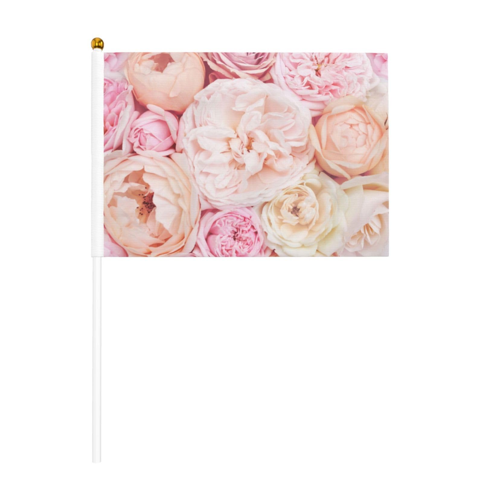 Pink Rose Floral Flags Mini Garden Flag Handheld Stick Flag Outdoor Decor Flags For Party Parades Festival Celebration 8.2x5.5 Inch