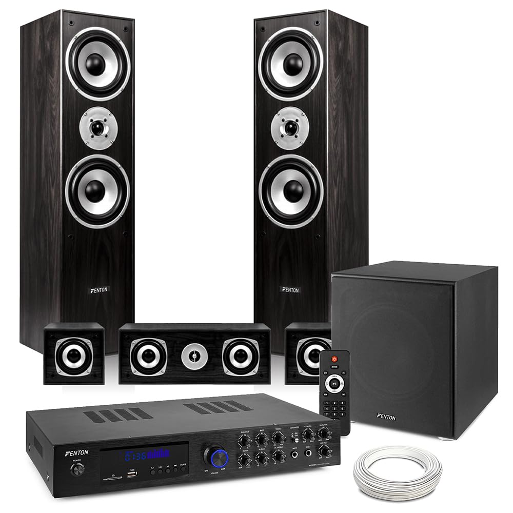 HF5B Black 5.1 Surround Sound System with AV550BT Amp - Complete Home Theatre Audio Solution with Bluetooth, 12" Active Subwoofer, Home Cinema Sound System