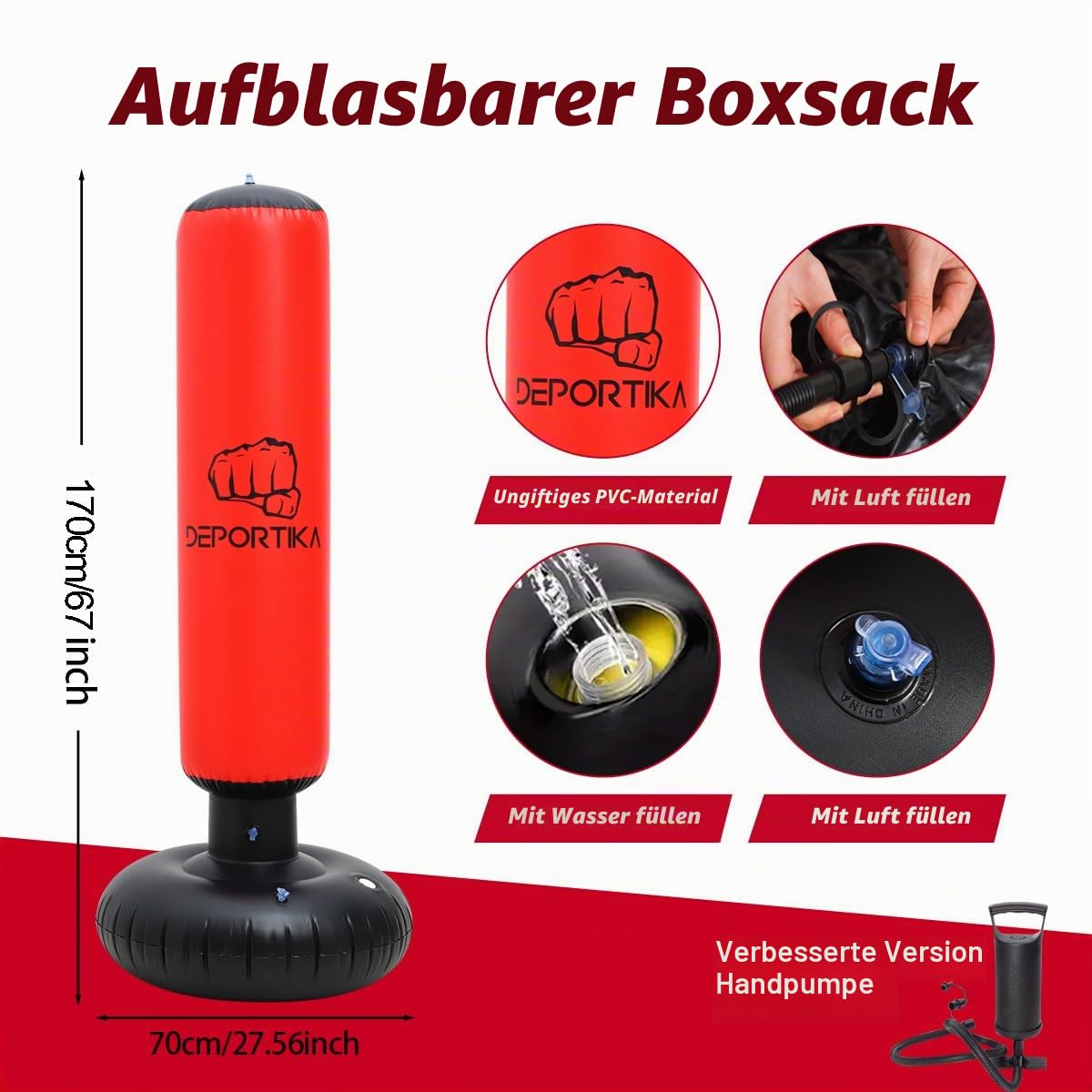 Aufblasbarer Boxsack, mit stabiler Wasserbasis, aktives Spielgerät für den Innenbereich, freistehend, Ziel, Kick, MMA, Karate, Spalte, Sandsäcke, Reflextraining, Fitness, Training (170 cm)
