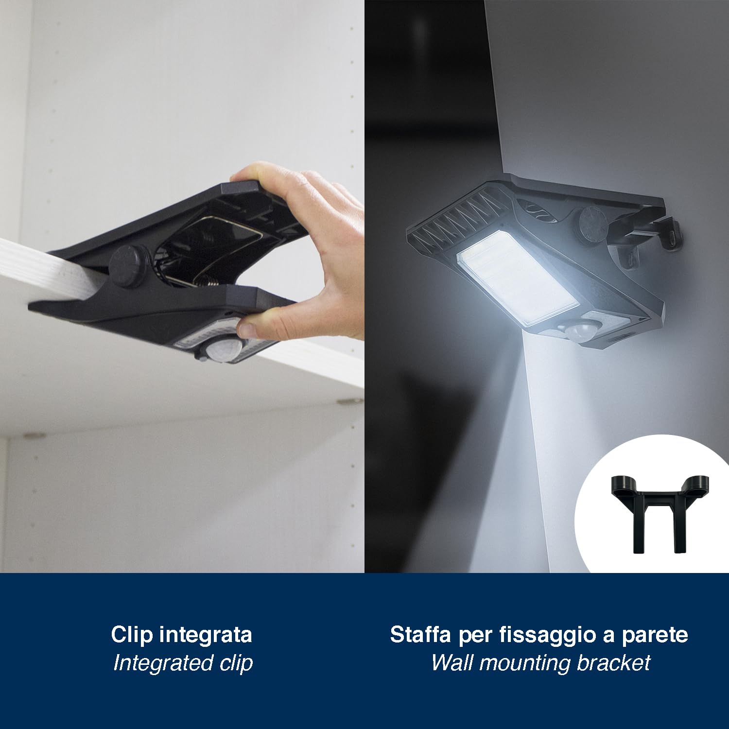 BEPER P207ILO003 Lampada Solare con Clip, Luce LED da Esterno con Sensore di Movimento, 3 Modalità di Illuminazione, Ricarica Solare, IP65, per Giardino, Recinzioni e Campeggio