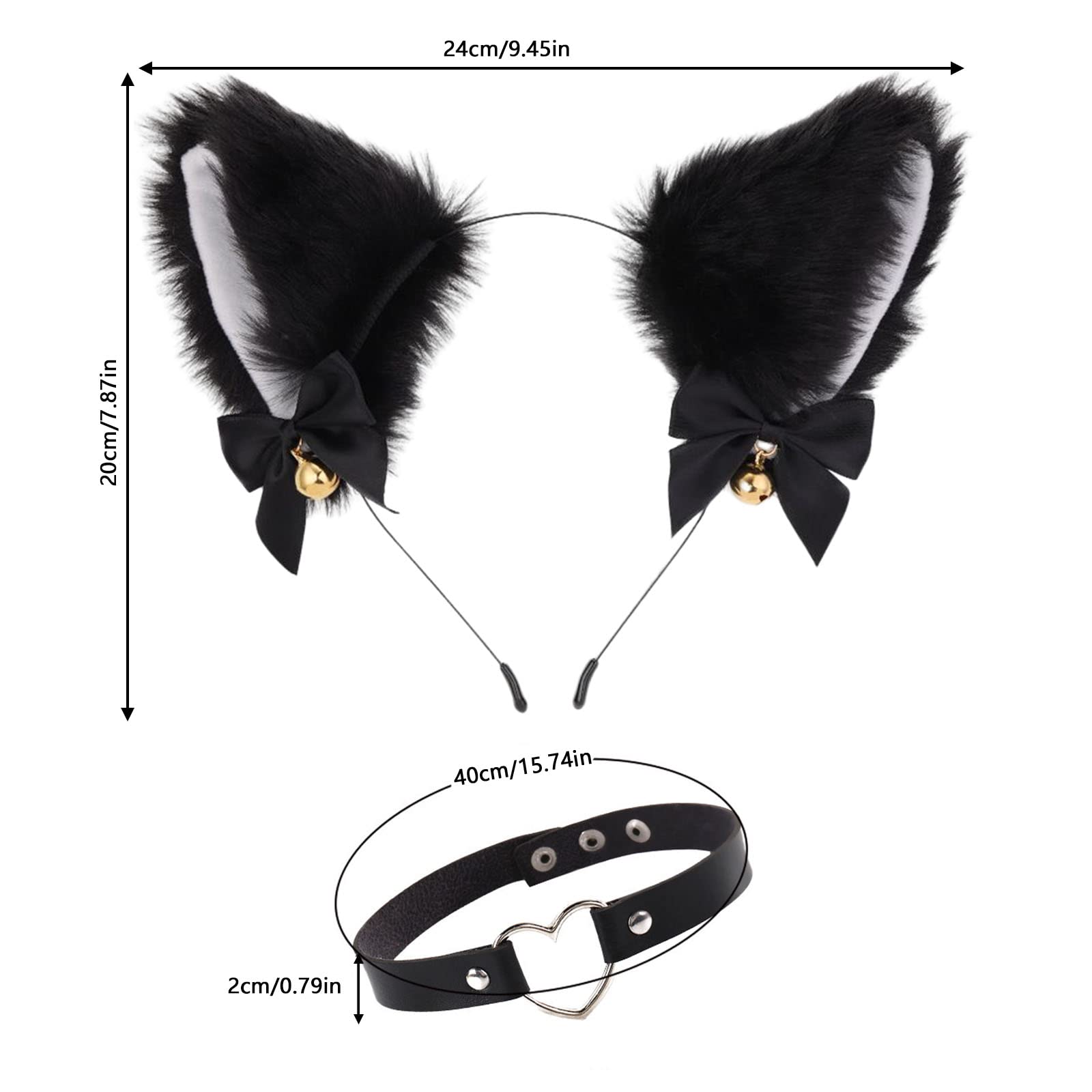 Opaska do włosów z kocimi uszami, opaska na włosy, opaska na czoło, dzwoneczek, naszyjnik ze skóry PU, punk, choker, naszyjniki, koło, ozdoba do włosów na imprezę, do kostiumu, 3 sztuki, czarny, jeden rozmiar