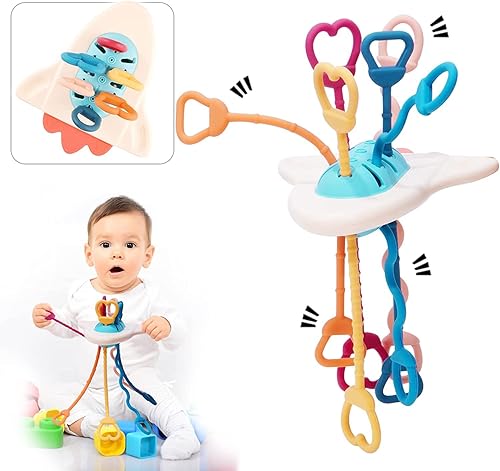 Miniatura 1 de Baby Montessori - Anillo de dentición de juguete sensorial, cuerda de silicona, juguetes interactivos, agitador de música, sonajero, empuñaduras de