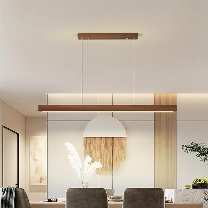 Aleaty LED Lineaire Hanglamp Houten Eetkamer Moderne Dimbare Lamp Met Afstandsbediening Keuken Hoogte Verstelbare Voor Woonkamer (Perzikhout, L120cm) photo 2