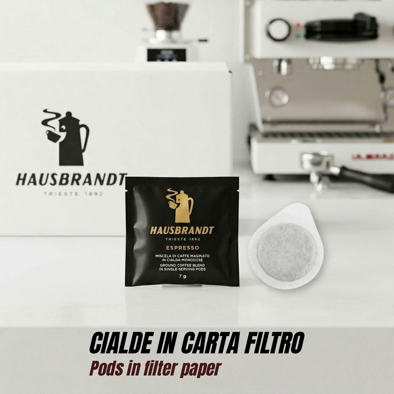 Hausbrandt Caffè Espresso in Cialde di Carta Filtro, 144 Cialde Monodose, Miscela di Caffè Tostato e Macinato, 1000g