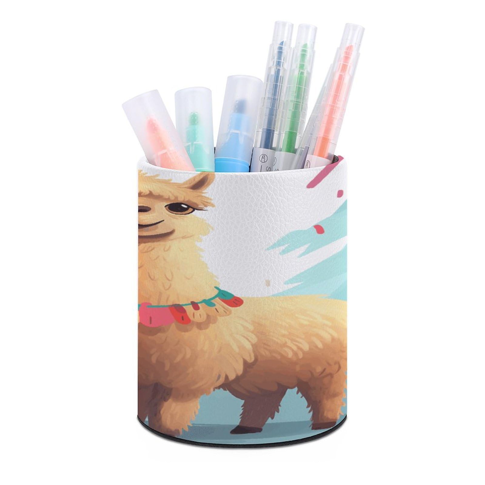 VstaDank Llama Alpaca Pen Holder Leather Pencil Cup Round Pencil Holder for Desk Organizer Personalized Pen Cup Fashion Pen Organizer Makeup Brush Holders for Office Home&Gift