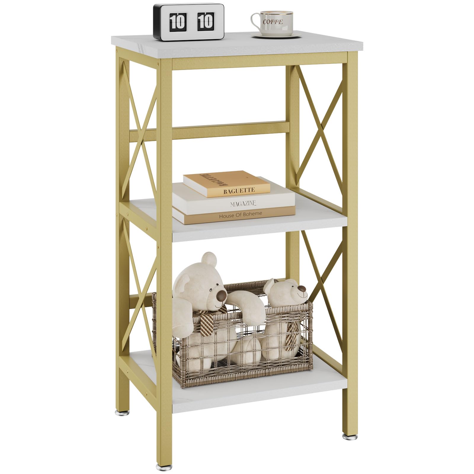 YMYNY Librería, Estantería de 3 Niveles, Estanteria Almacenaje, Mueble Organizador, para Salón, Dormitorio, Cocina, Oficina, Estilo Industrial, 40×29×75CM, Mármol Blanco y Dorado HST008W