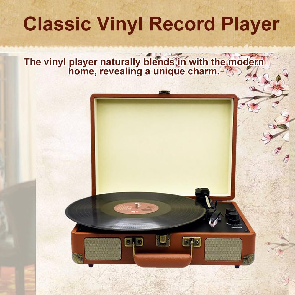 Domary Giradischi in Vinile Giradischi Portatile a 3 velocità 33 45 78 Giri/min Supporta Dischi da 7 10 12 Pollici con Altoparlanti Integrati Funzione BT Custodia in Legno (Spina europea)
