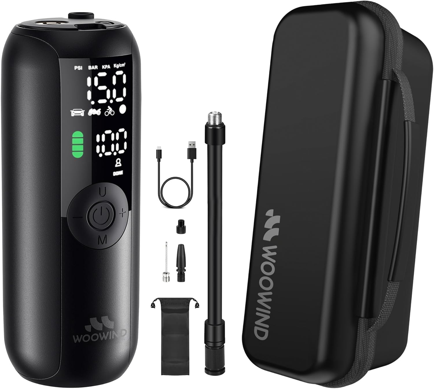 Woowind Compressore Aria Portatile, Pompa Per Bicicletta Elettrica Gonfiaggio in 1 Minuto, 150PSI/10,3 BAR Gonfia Gomme Auto, Biciclette, Moto e Palloni, Custodia protettiva per LP1