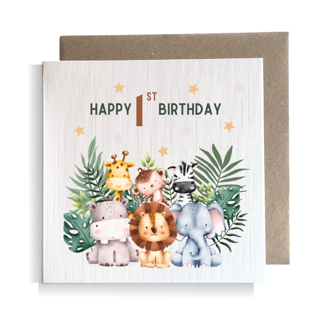 1st Birthday Age 1 Children's Kids Baby Safari Square Card For Boy or Girl Birthday