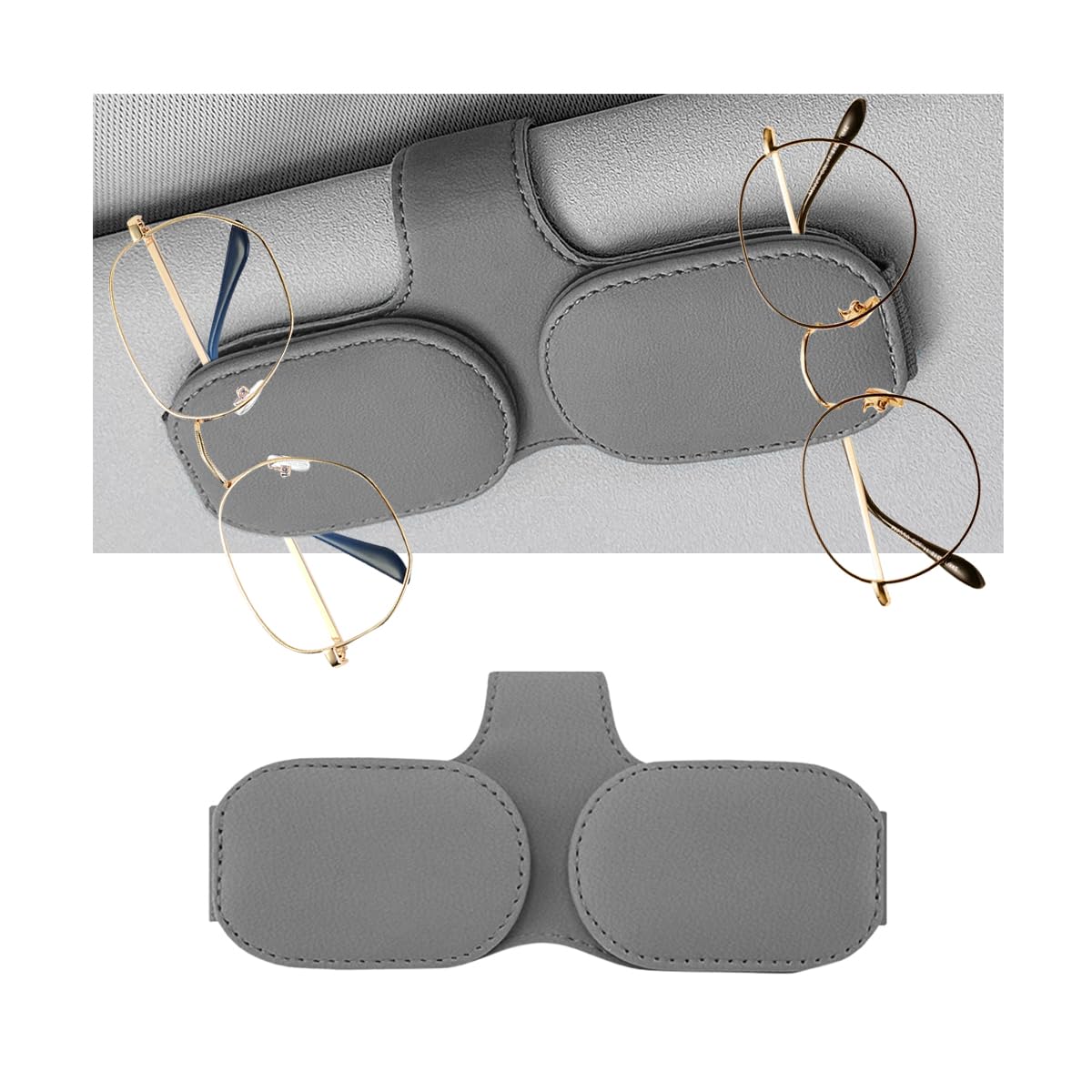 AUCELI Sunglasses Holder for Car Sun Visor, Vehicle Magnetic Leather Eyeglasses Hanger Clip, Auto Eyeglasses Clip Mounter Accessories, Universal for Vehecile, Truck, RV and More（Gray）