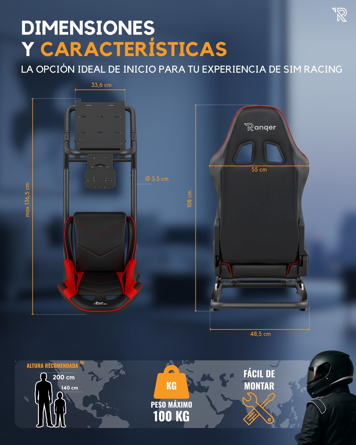 Ranqer Silla Simulator Racing Ajustable De Cuero PU Compatible Con Fanatec Logitech Moza Simagic Volantes Y PC Playstation Xbox Con Revestimiento Antirayaduras Y Firmeza