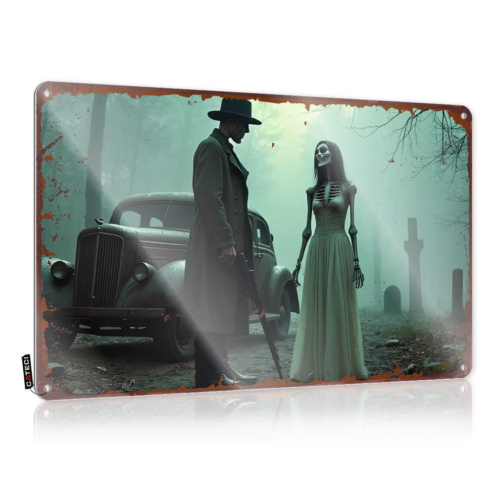 Fzfn Colour Music Accessories Plaques - A Mysterious Encounter In The Foggy Cemetery Humor Metal Wall Art Ready To Hang For Terrace(30X40cm)