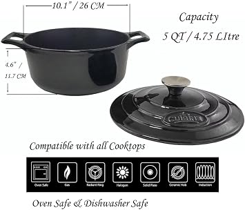 La Cuisine Cast Iron Casserole Dish Enamelled 26 cm 4.75 L Matt Black Interior for Bread Baking Oven Safe Black