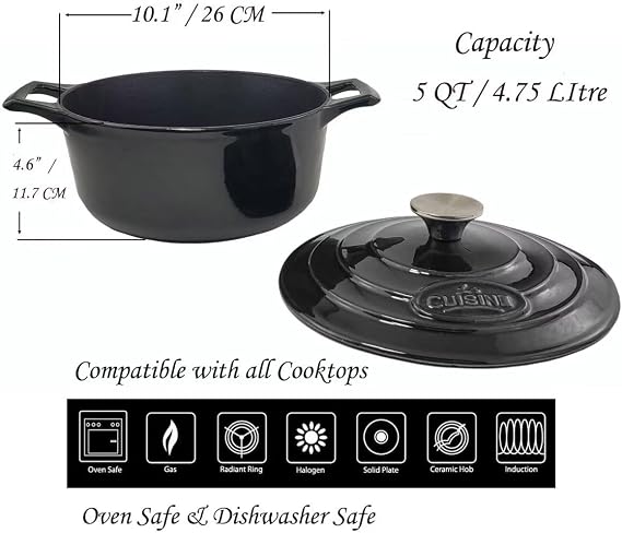 La Cuisine Cast Iron Casserole Dish Enamelled 26 cm 4.75 L Matt Black Interior for Bread Baking Oven Safe Black