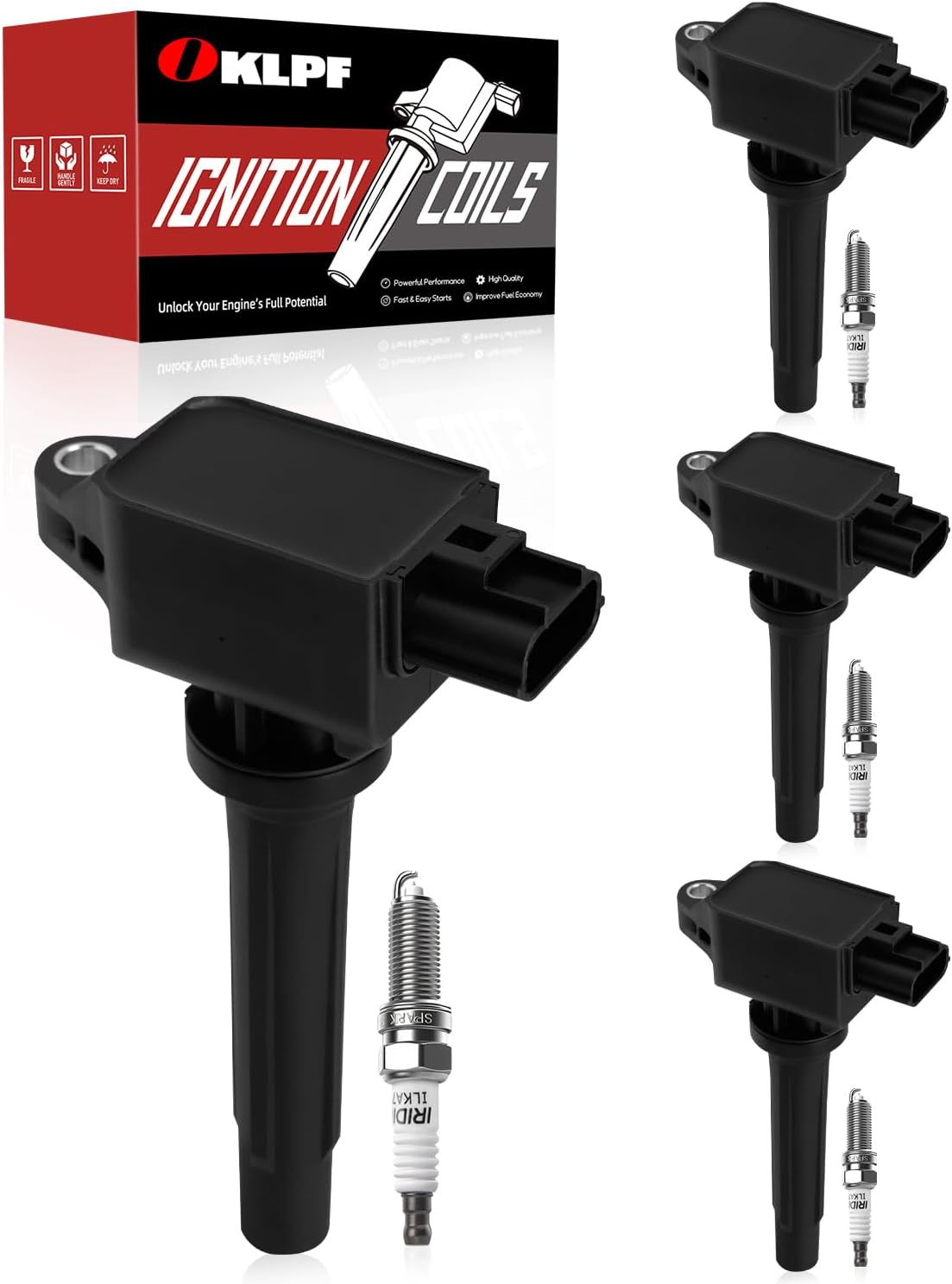 Oklpf Zündspulenpaket UF656 mit Iridium Platin-Zündkerzen - 4-teiliges Set, kompatibel mit Mazda 3 Sport 3 6 CX-5 CX-3 MX-5 Miata 2012-2020 2.0L 2.5L L4.