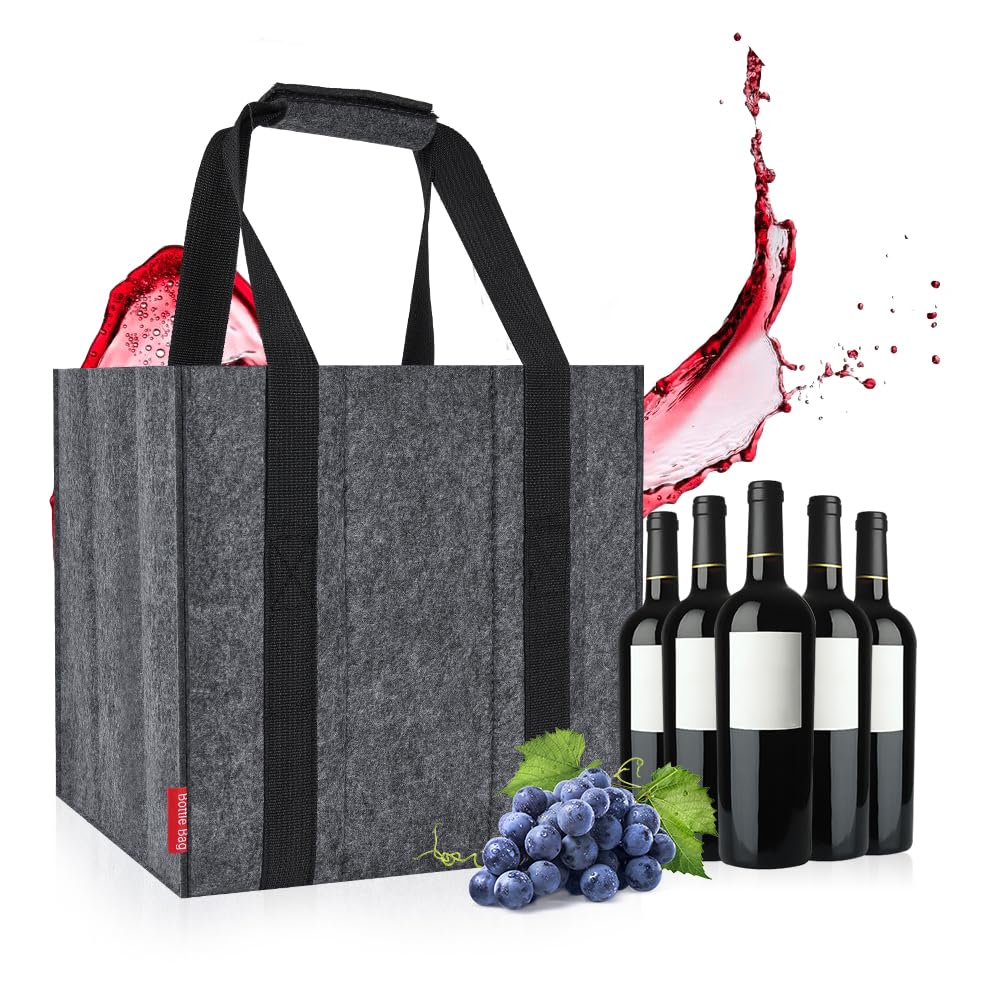 Eurhomewit Borsa per Bottiglie Vino Acqua in Feltro, 9 Scomparti Borse Porta Vino Portabottiglie, Borsa Trasporto per Vino Bottiglie in Vetro 1,5 litri, Riutilizzabile - Nero