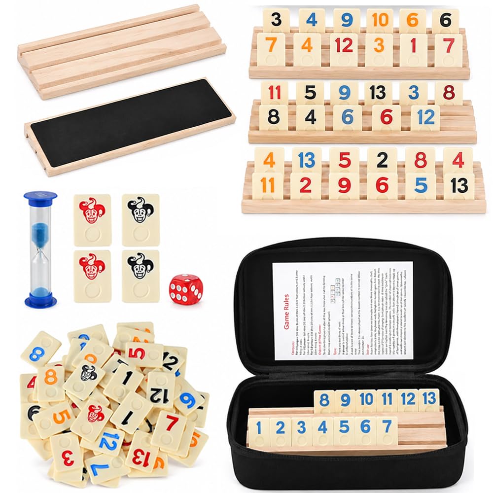 Rummy Gioco da Tavola | Rummy Set con 160 Pezzo 6 Rastrelliere 1 Clessidra, 1 Dado e 1 Custodia | Classico Gioco da Tavolo e di Carte | Facile da Imparare | Giocos Portatile per 2–6 Giocatori
