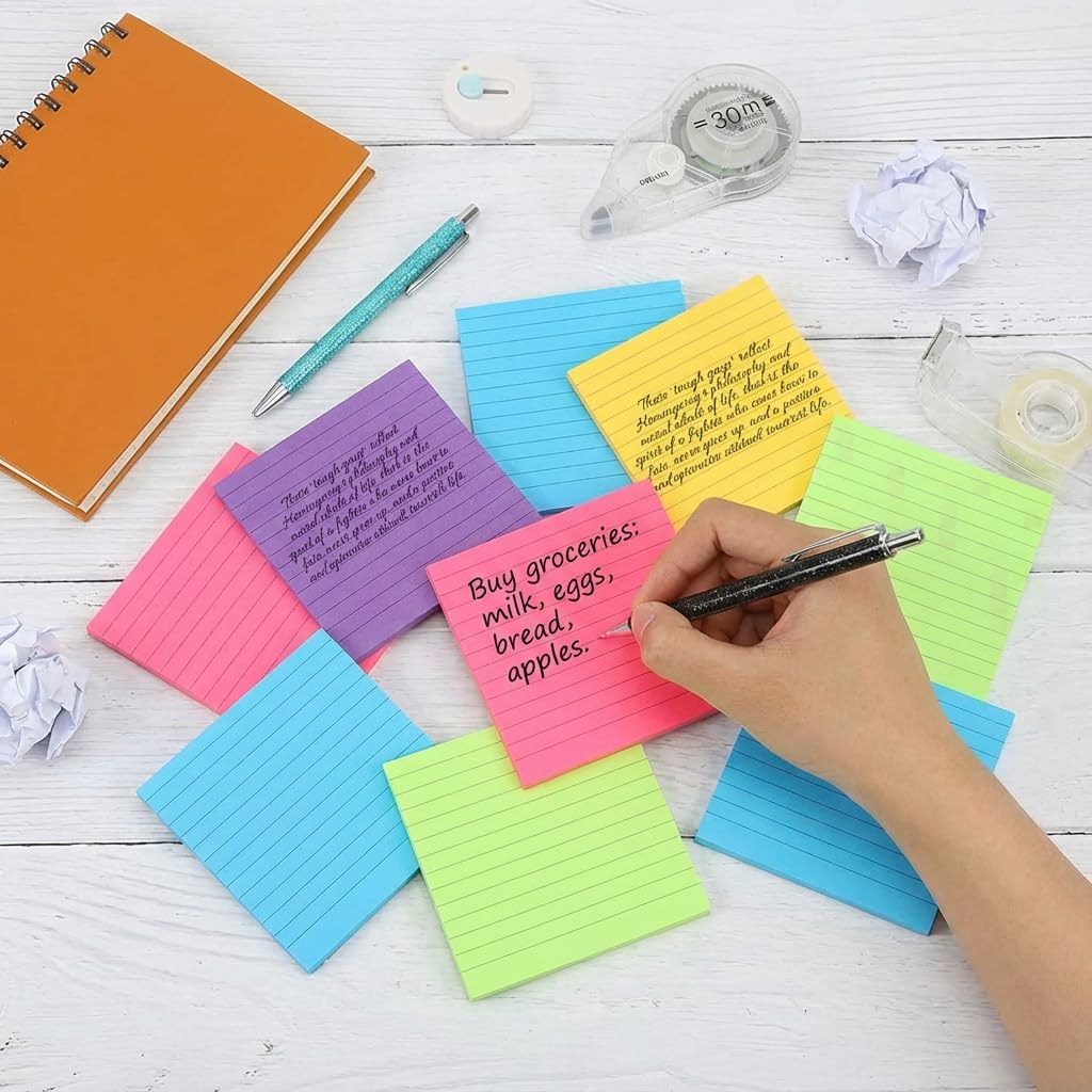 (8 Pack) Lined Sticky Notes 4x4 in Post Sticky Notes with Lines, 8 Bright Colors Self Sticky Notes, Large Ruled Sticky Note for Office, 50 Sheet/Pad image 3